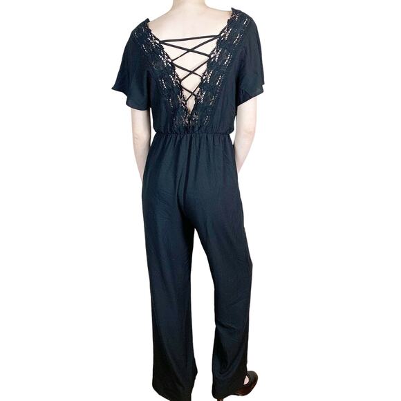 NWOT Sugar Lips Women’s V-Neck Plunge Lace Black Jumpsuit Size Small - Picture 1 of 8